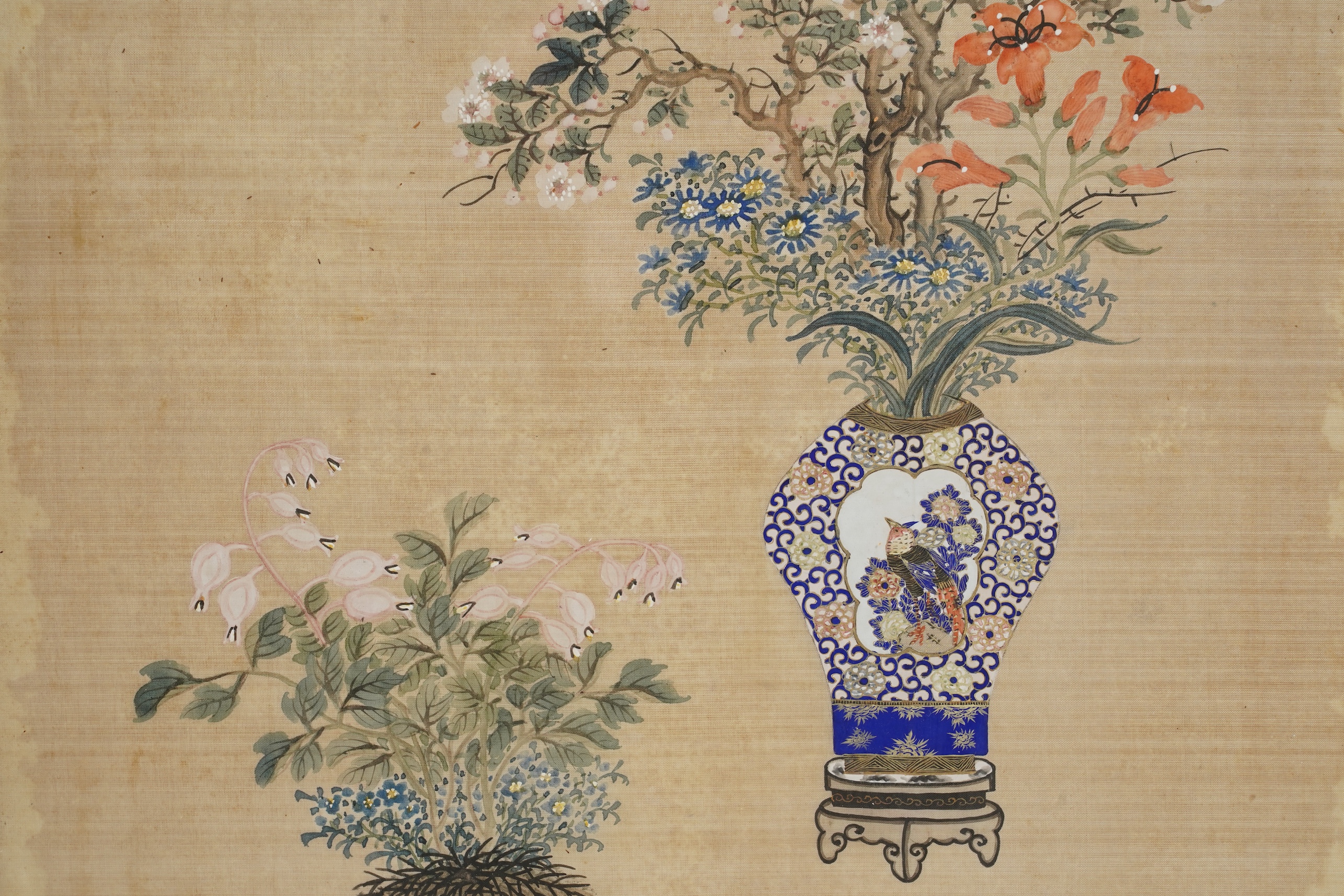 Chinese School , (Early 20th century), Antique vessels and flowers, Ink and colour on silk, 57cm x 36cm